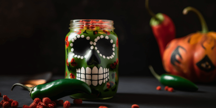 peperoncini jalapeno in un vasetto decorato con una maschera azteca